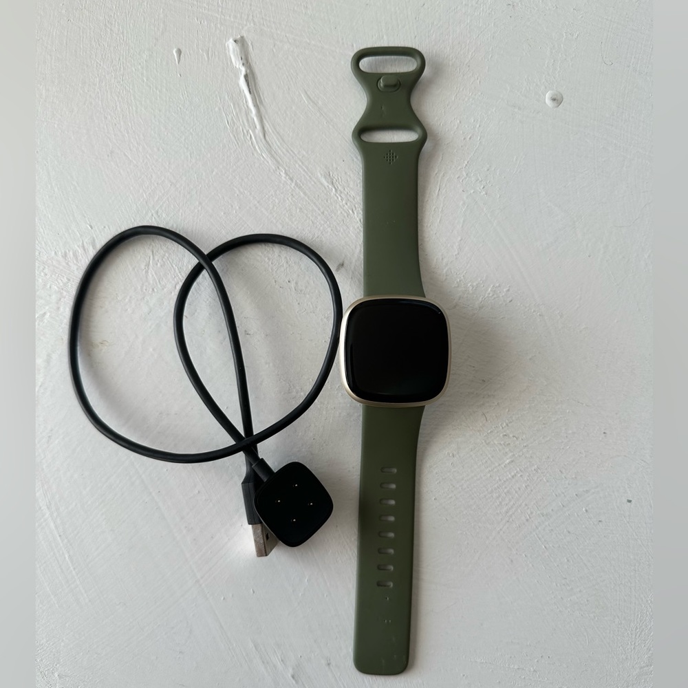 Fitbit Versa 3 Soft Gold Olive Green Band and Charger Cord